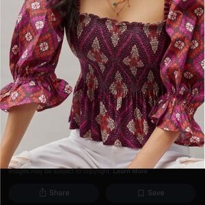 Anthropologie Smocked Peasant Blouse in Magenta and Red Geometric Print